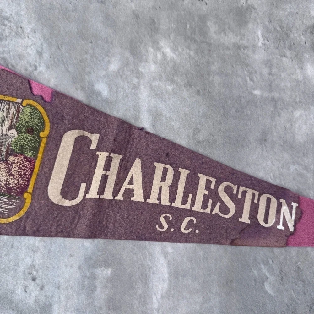 Vintage Charleston South Carolina Souvenir Pennant Flag Distressed Felt 1940s